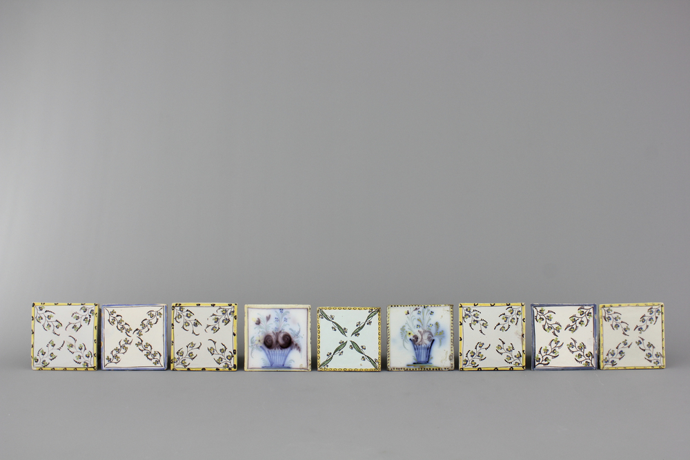 A collection of 9 polychrome tiles, Brussels &amp; Lille, 18th C.