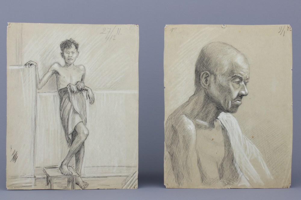 Jan van Aken (1905-?), 6 dessins en crayon, portraits de Bali, l'Indon&eacute;sie