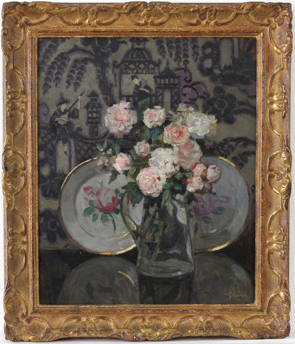 Jules Alexandre Gr&uuml;n (1868-1934), "Nature morte avec fleurs et papier peint avec chinoiserie"