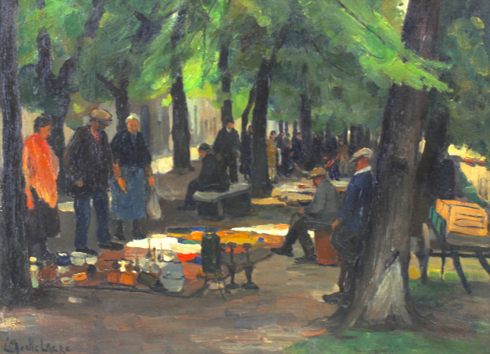 Leo Mechelaere (1880-1964), "Vue sur le March&eacute; aux Puces du Dyver &agrave; Bruges"