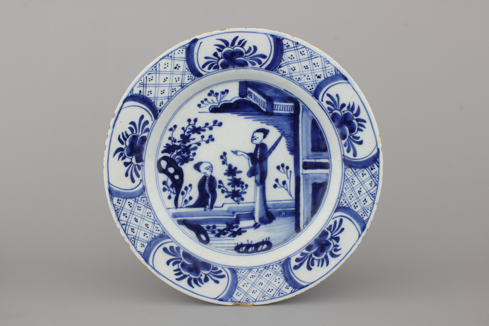 A Dutch Delft blue and white chinoiserie dish, 18th C.
