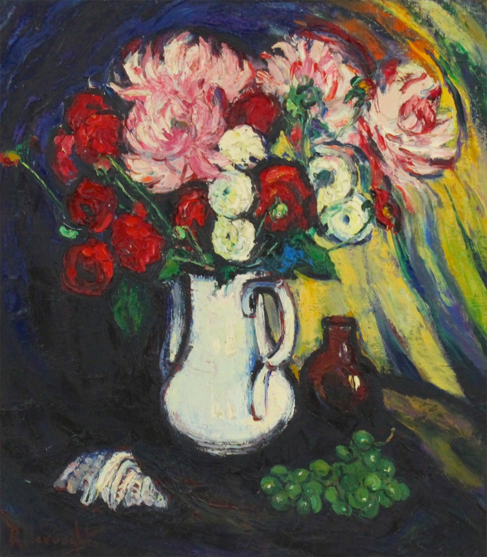 Robertine Devooght (1904-1979), A still life with flowers, a shell and grapes