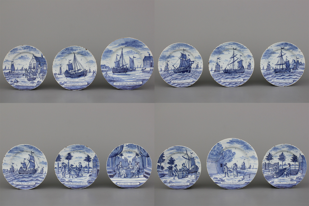 Lot de 12 plats en fa&iuml;ence de Delft, bleu et blanc, d&eacute;cor "P&ecirc;che au Hareng", 18e