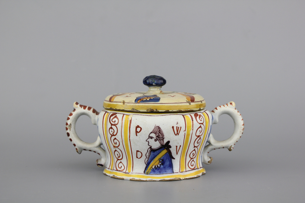 A Dutch Delft polychrome royalist portrait butter tub, 18th C.