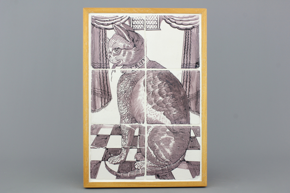 A Dutch Delft manganese tile panel of a cat, 18th C.