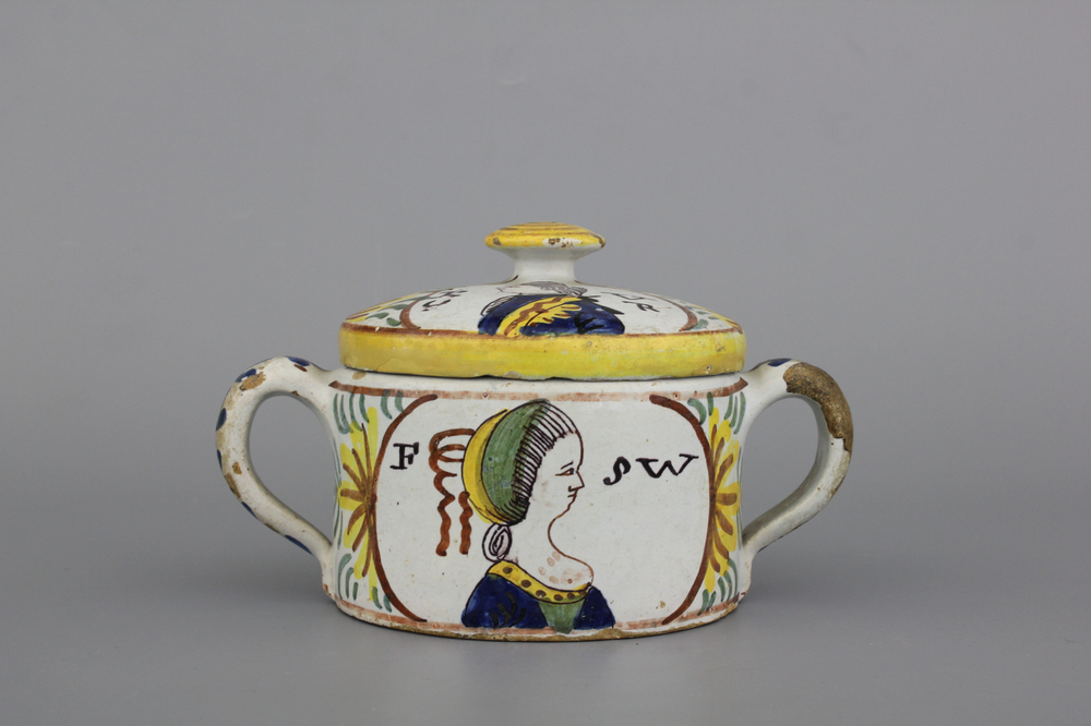 A Dutch Delft polychrome royalist portrait butter tub, 18th C.