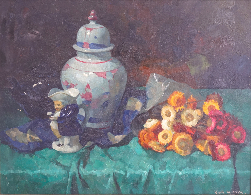 Guillaume Michiels (1909-1997), "Nature morte avec fleurs et fa&iuml;ences", Bruges
