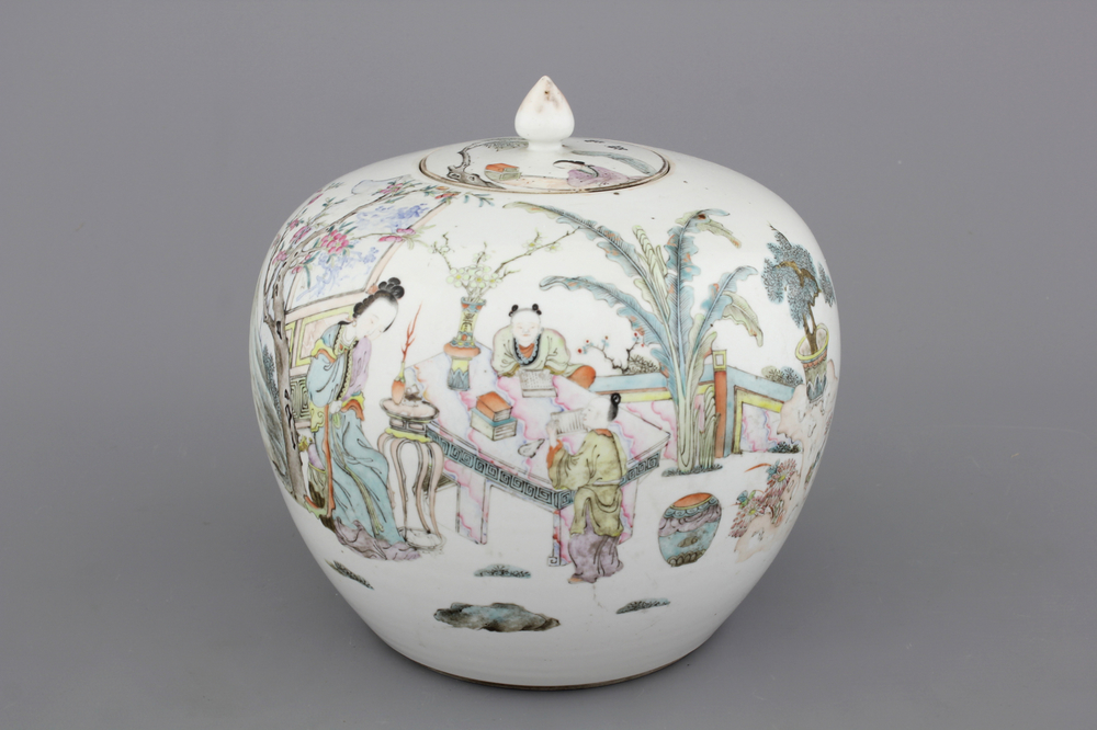 Pot fin &agrave; gingembre couvert en porcelaine de Chine, sign&eacute; Qianjiangcai, 19e-20e