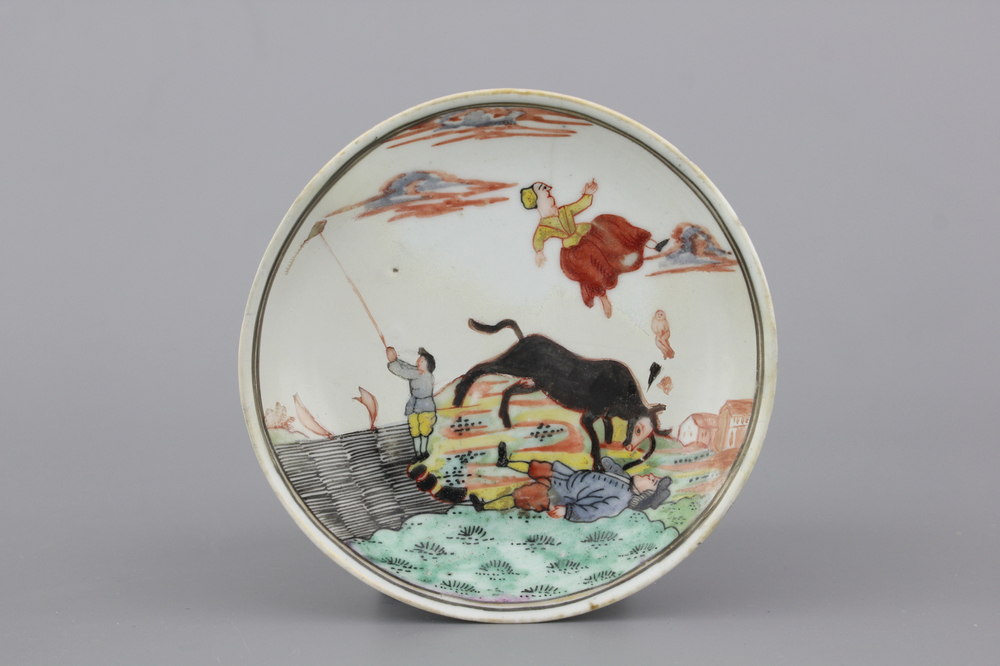 Petite assiette en porcelaine de Chine, peinte en Hollande, illustrant "Le Miracle de Zaandam", dat&eacute;e 1747