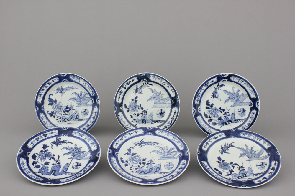 A set of 6 Chinese porcelain blue and white plates with "Cuckoo in the house" design, 18th C.
