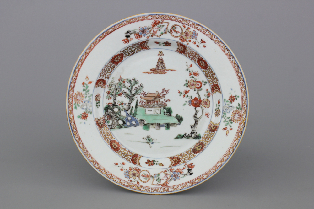 A Chinese porcelain Kakiemon style plate, Qianlong, 18th C.