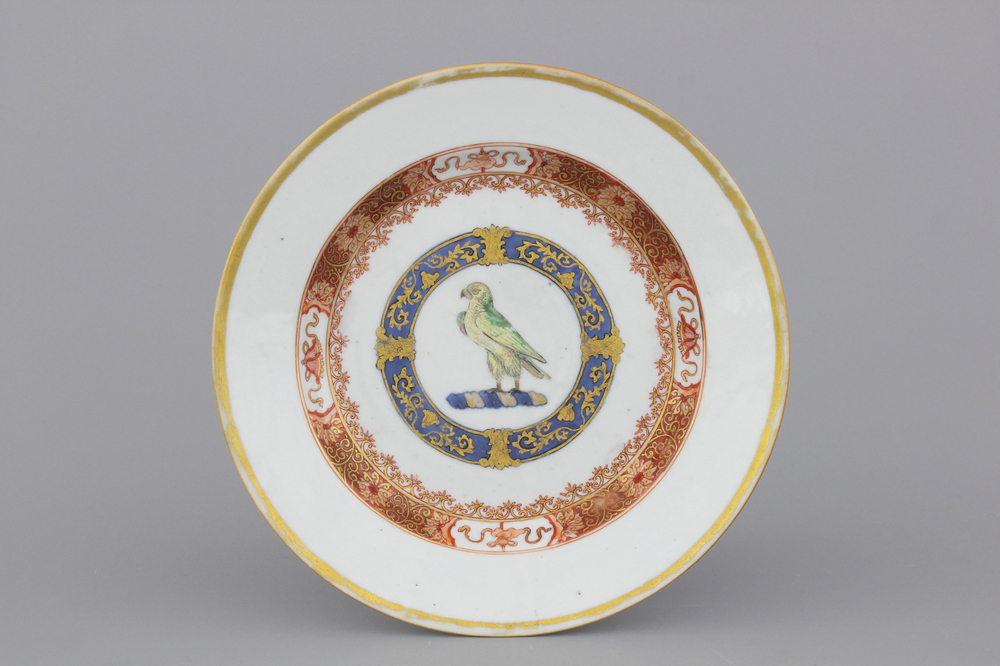 A Chinese armorial porcelain plate with a parrot, Yongzheng, ca. 1725
