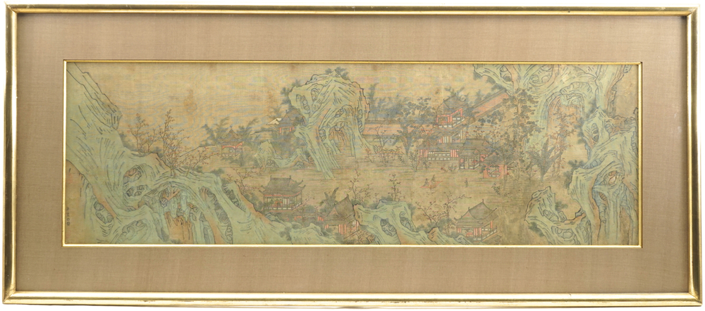 Grand tableau encadr&eacute; &agrave; d&eacute;cor d'un village dans un paysage rocheux, Chine, 18e-19e
