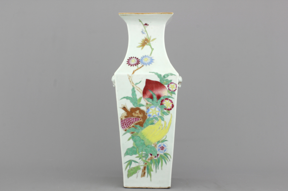 A square Chinese porcelain vase with floral decoration, 19th C.