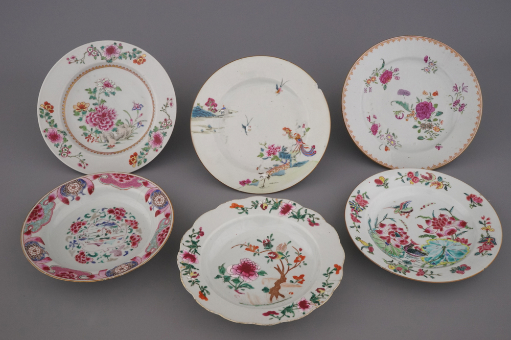 Collection de 6 assiettes, famille rose, Chine, 18e