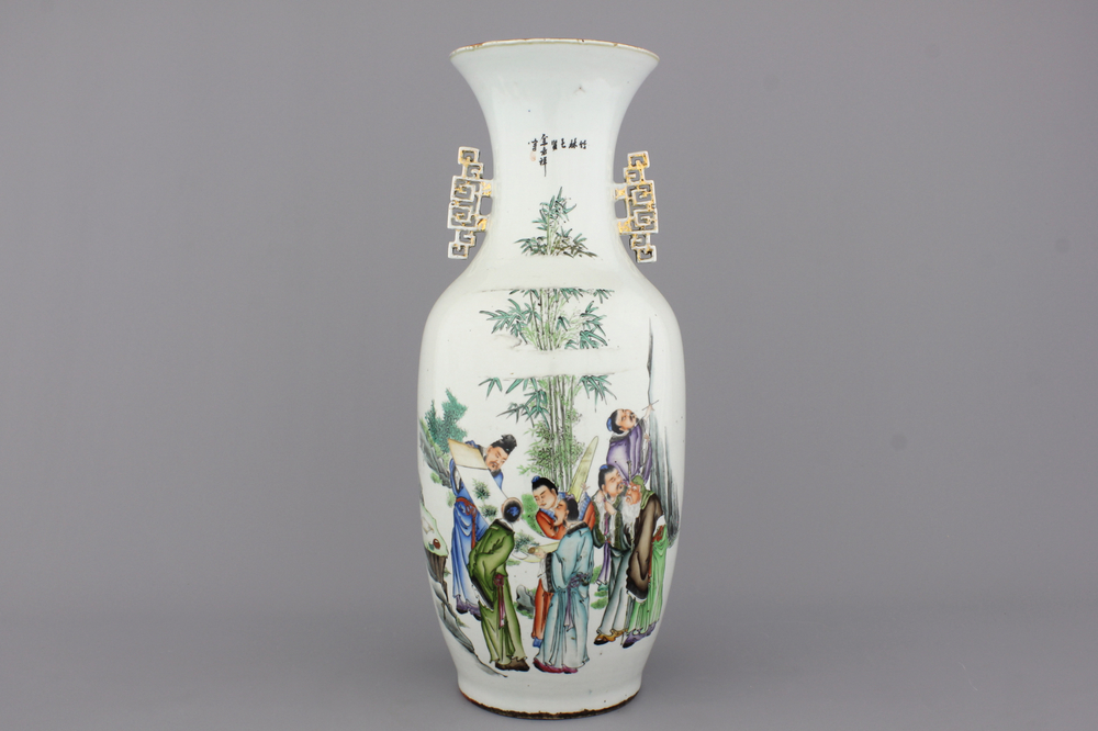 A Chinese porcelain vase with scholars and painters studying bamboo, 19th C.