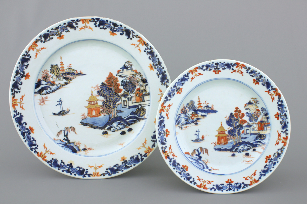 Two Chinese Imari landscape dishes, 18th C.