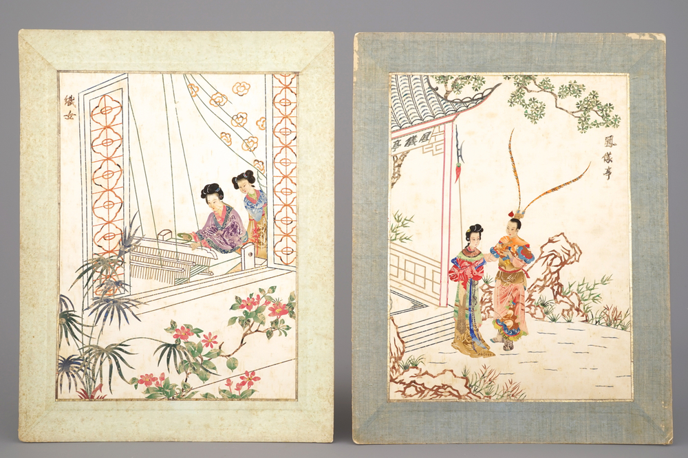 Paire de collages de papier coup&eacute; et timbres chinois, 19e-20e