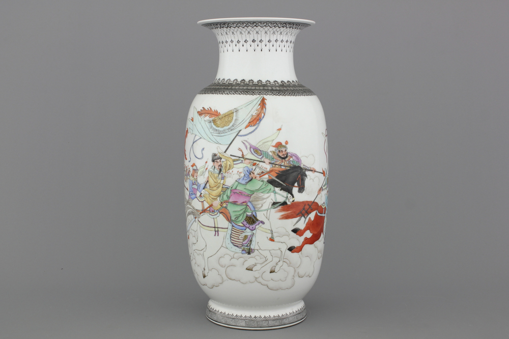 A fine Chinese porcelain vase with warriors, 20th C.