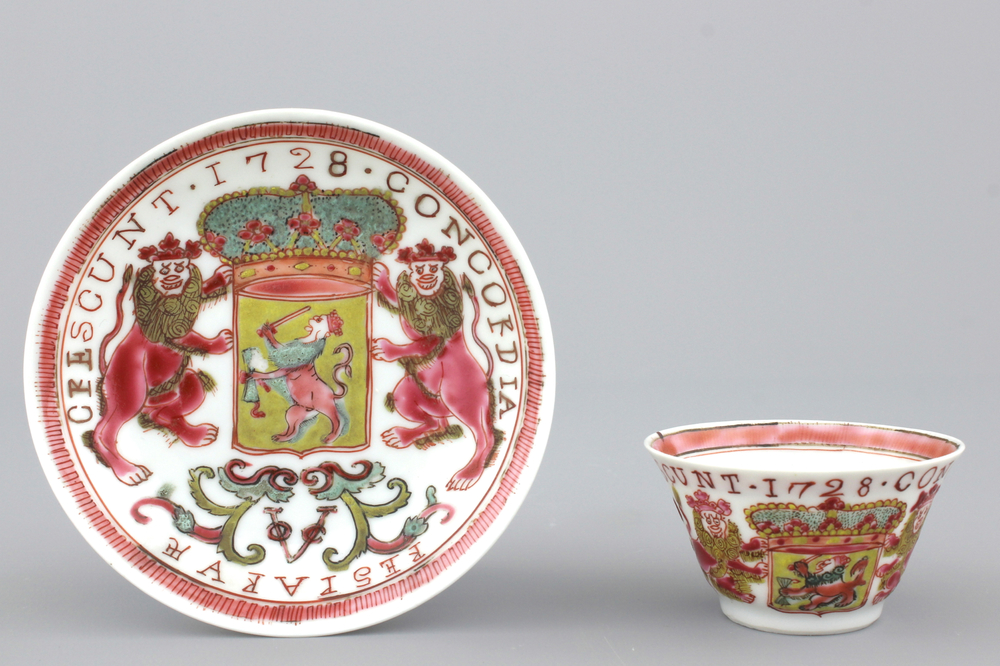 A Chinese porcelain famille rose armorial cup and saucer with VOC coat of arms, dated 1728, Yongzheng