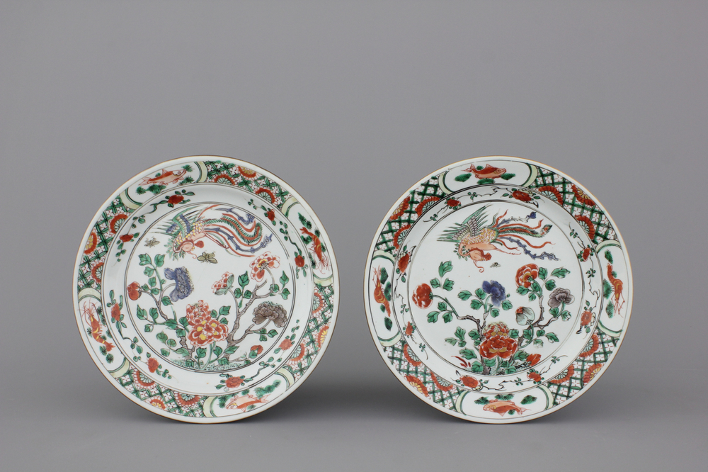 A pair of Chinese porcelain famille verte plates with phoenixes, Kangxi, ca. 1700