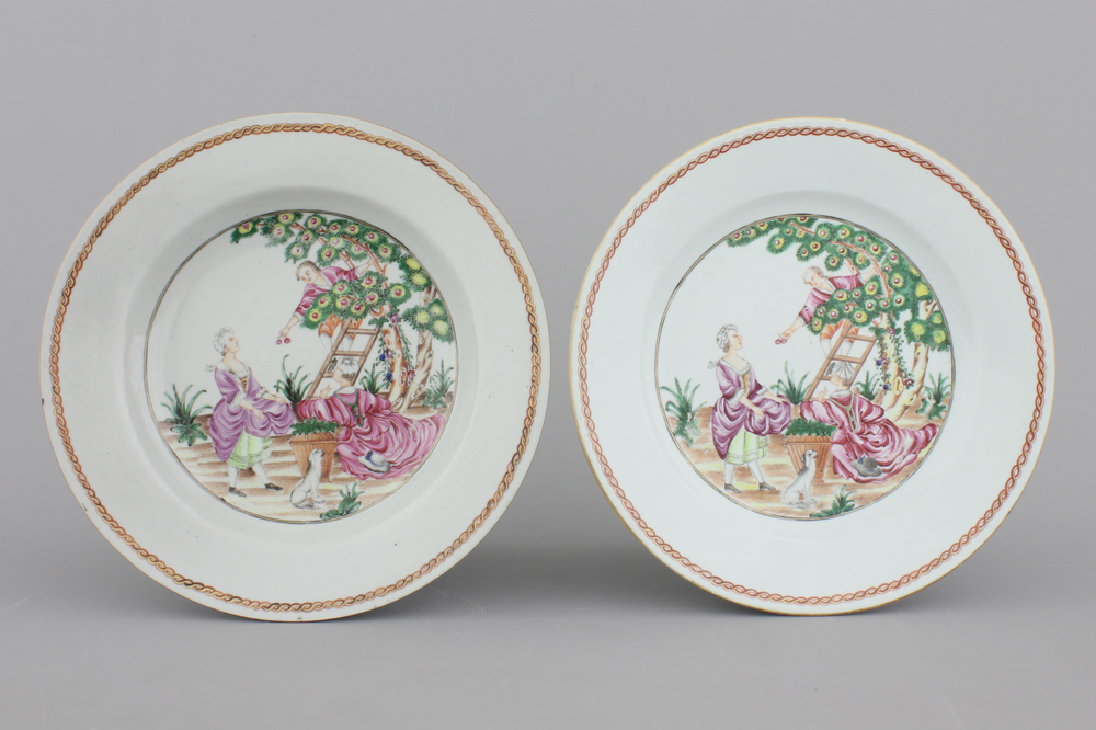 A pair of Chinese export porcelain "Cherry Pickers" plates, Qianlong, 18th C.