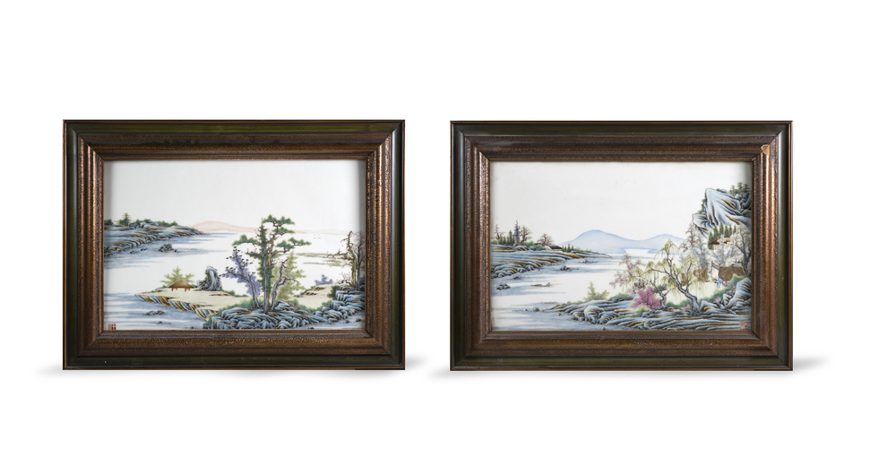 A pair of Chinese porcelain plaques with fine landscape painting, 19th C.