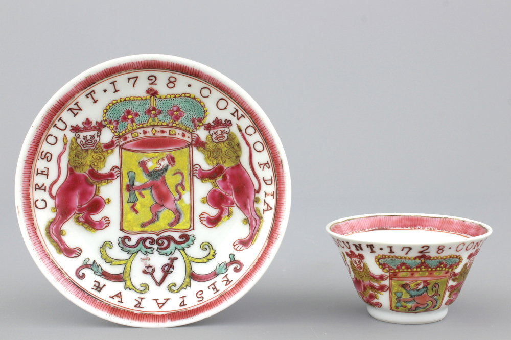 A Chinese porcelain famille rose armorial cup and saucer with VOC coat of arms, dated 1728, Yongzheng