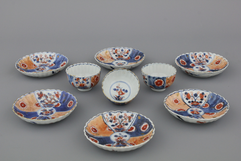 A set of 3 Chinese porcelain Imari cups and 6 saucers, 18th C.