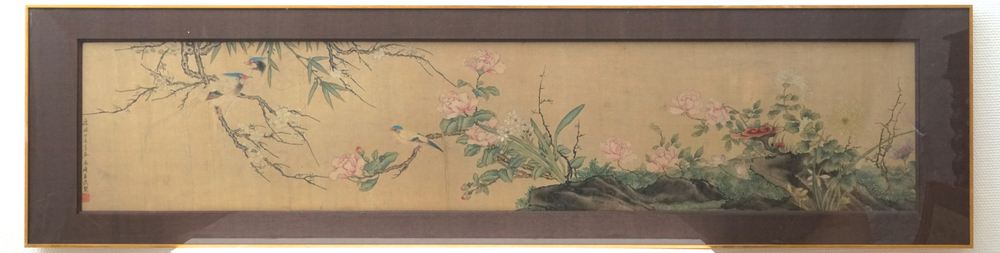 A large Chinese framed scroll painting with birds and flowers, 18th C.