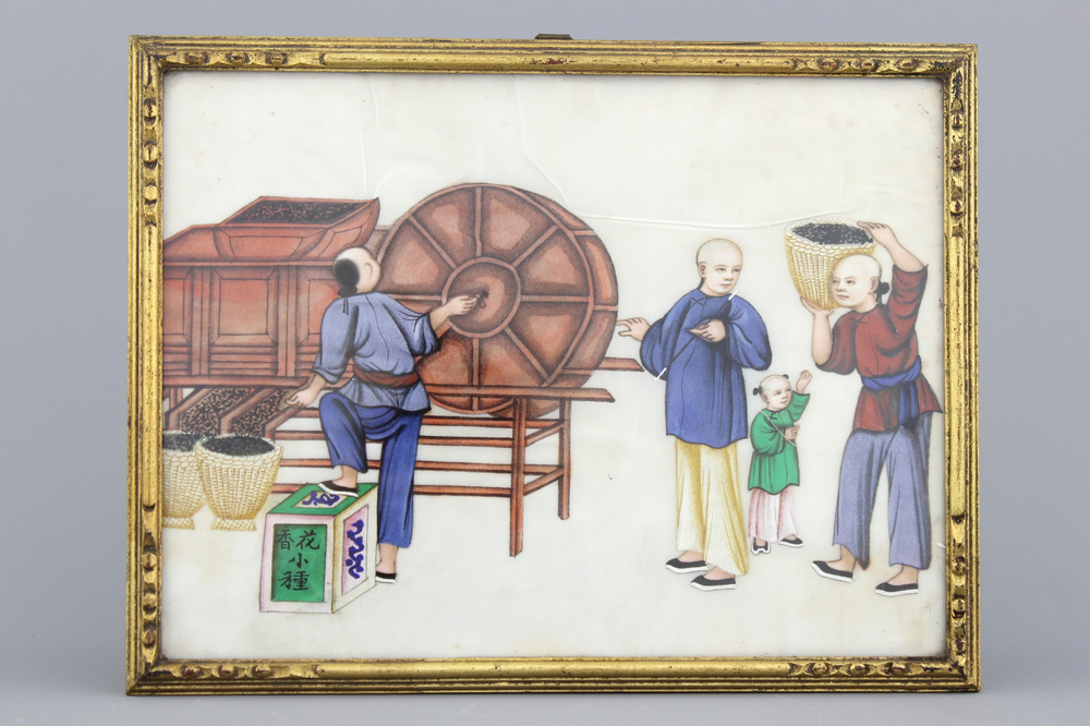 Peinture sur papier de riz &agrave; d&eacute;cor de la production de th&eacute;, Chine, Canton, env. 1800