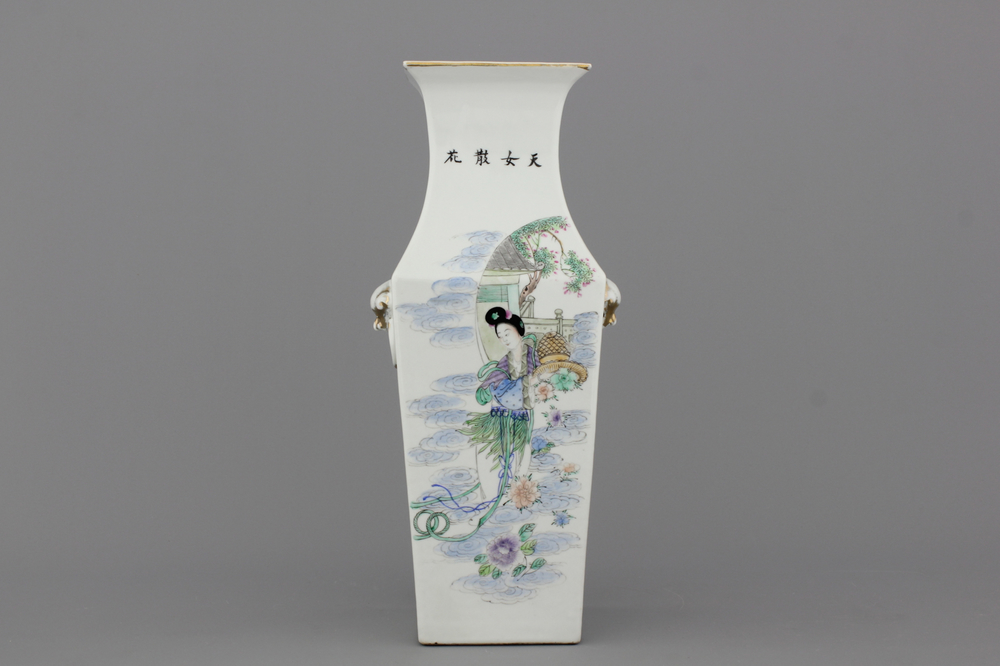 Vierkante vaas in Chinees porselein met Guanyin, 19e eeuw
