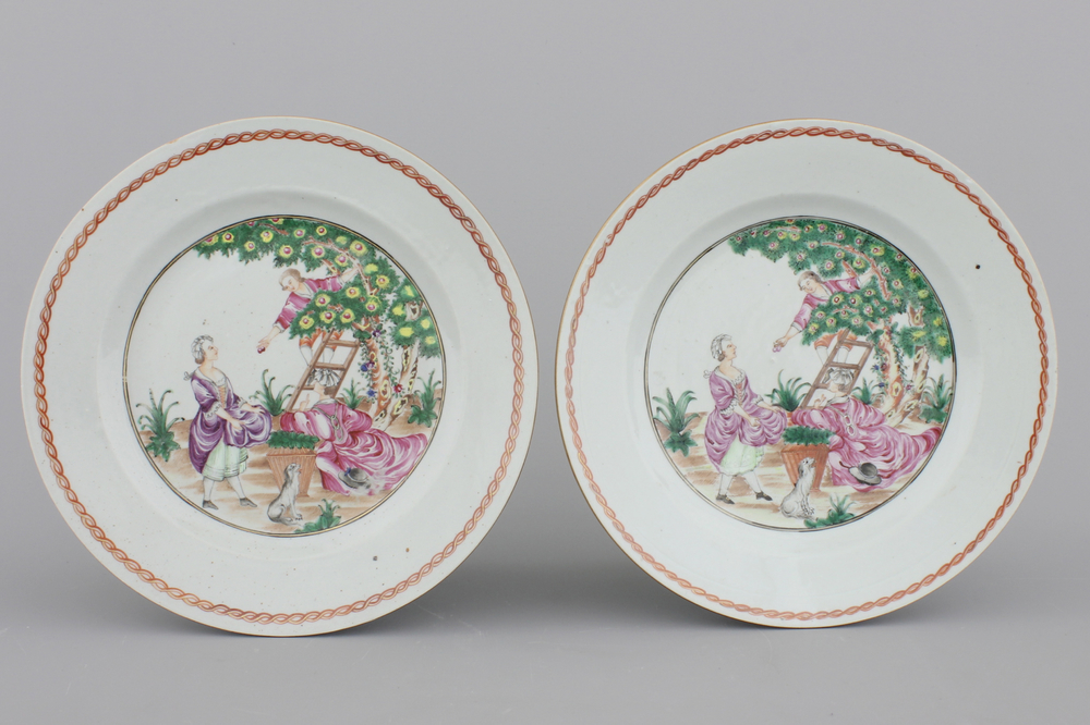 A pair of Chinese export porcelain "Cherry Pickers" plates, Qianlong, 18th C.