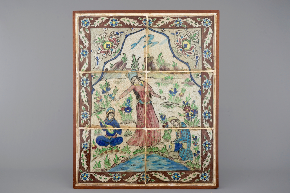 Een groot tegeltableau, Iran, Qajar, 19e eeuw