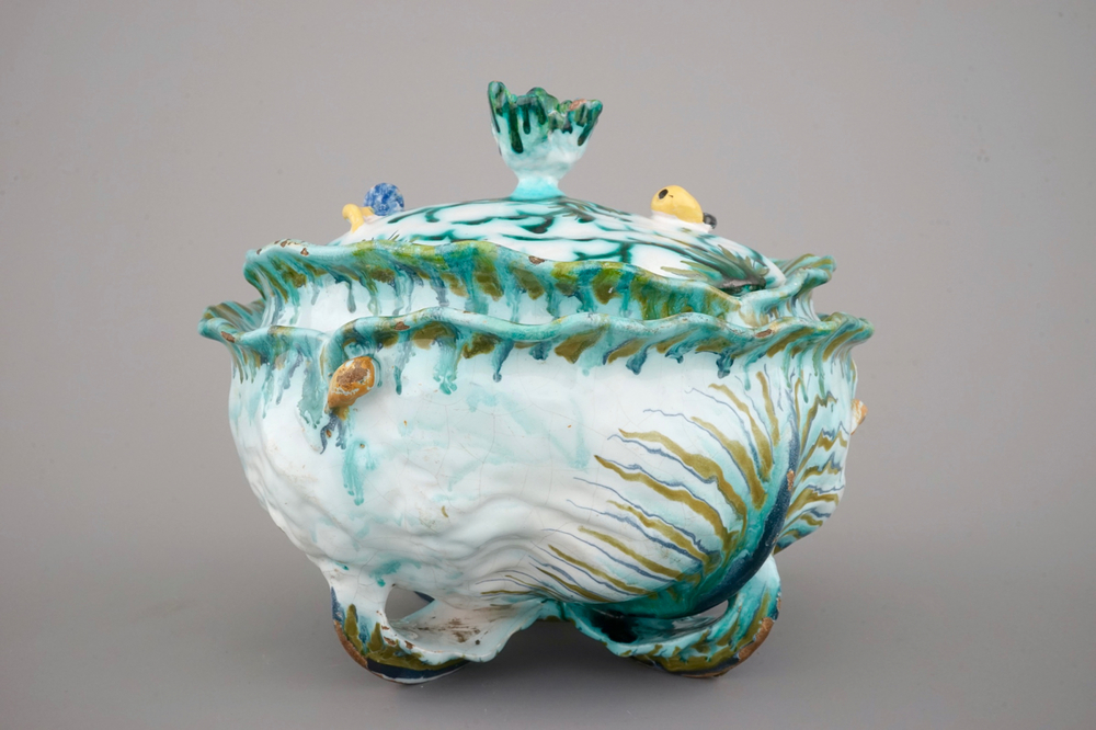 A Brussels faience cabbage shaped tureen and cover, 18th C.