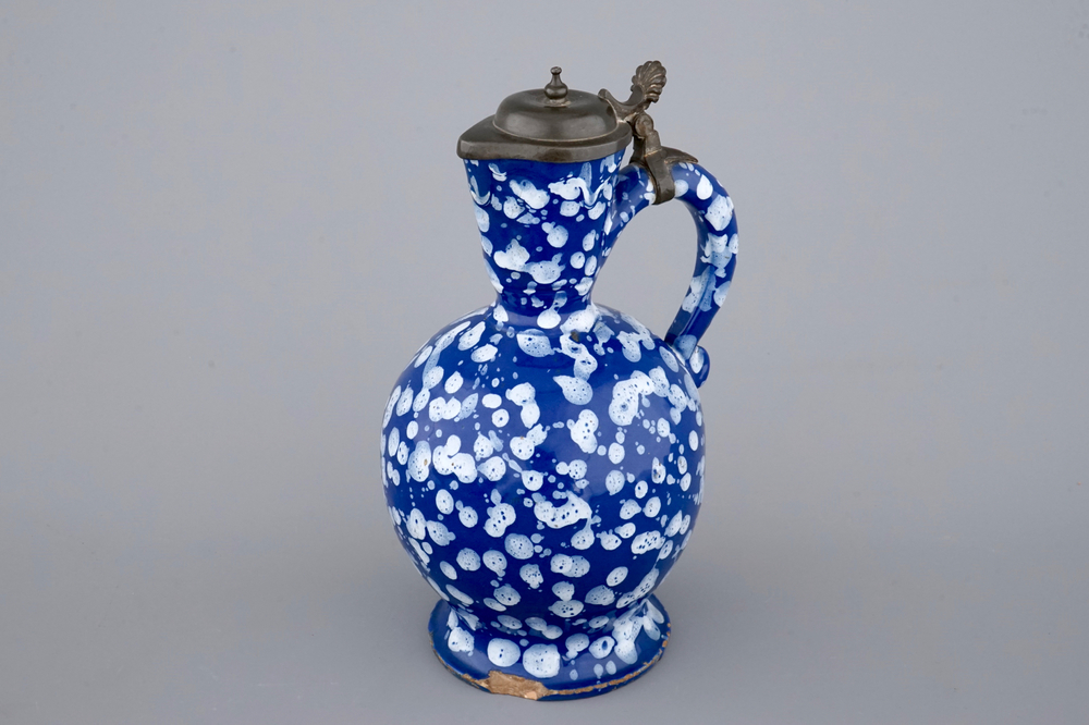 A rare Nevers pewter-mounted jug in "Bleu Persan" style, 17th C.
