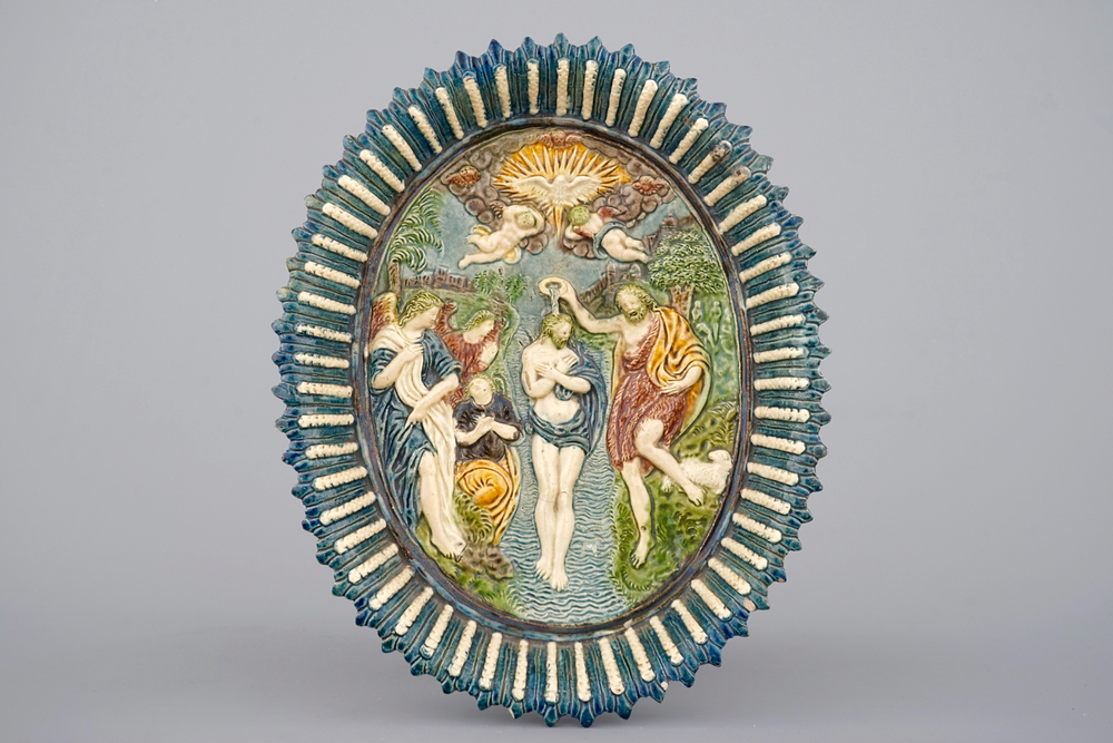 Un plat ovale d'apr&egrave;s Palissy, "Le bapt&ecirc;me de Christ", 17&egrave;me