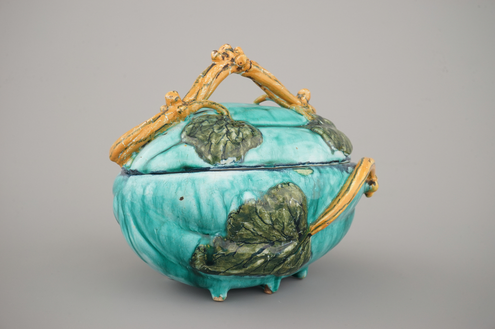 A fine Brussels faience turquoise ground melon-shaped tureen and cover, 18th C.