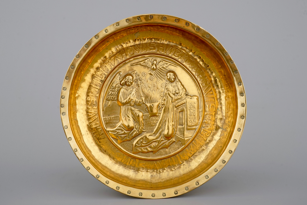 A large Nuremberg brass alms bowl showing "The Annunciation, 16th C.