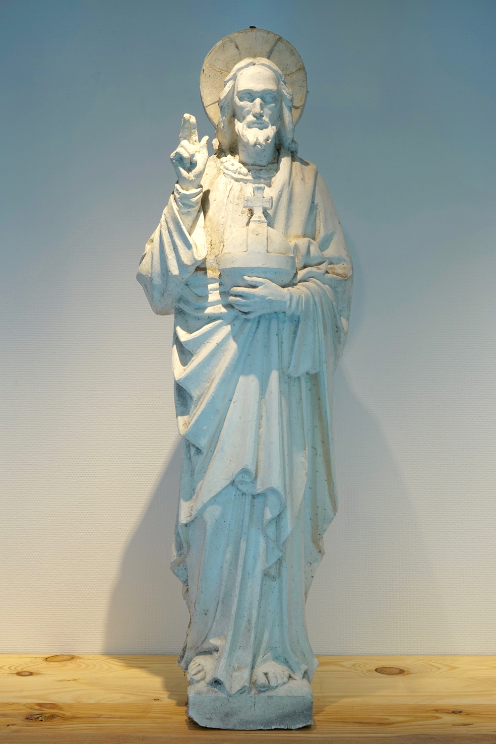 A massive 140 cm plaster cast of Christ holding the world, 19/20th C., Bruges