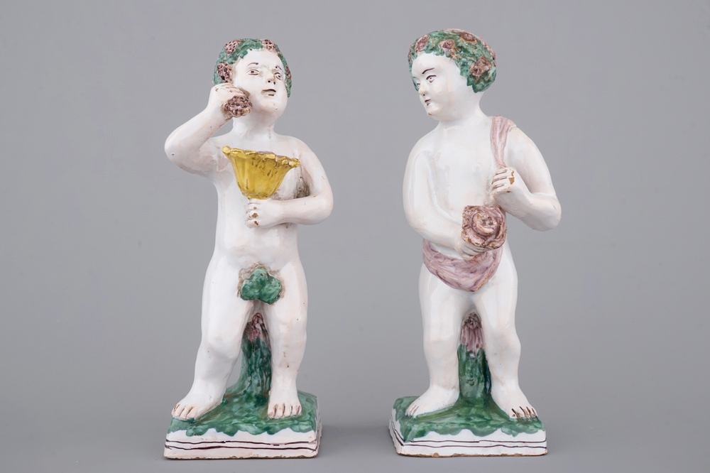 Fa&iuml;ence de Bruxelles, deux figures all&eacute;goriques des saisons, 18/19&egrave;me