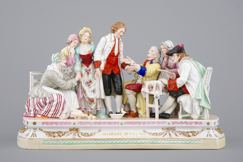 A large porcelain group, L'accordee du village, 19/20th C., after J-B Greuze