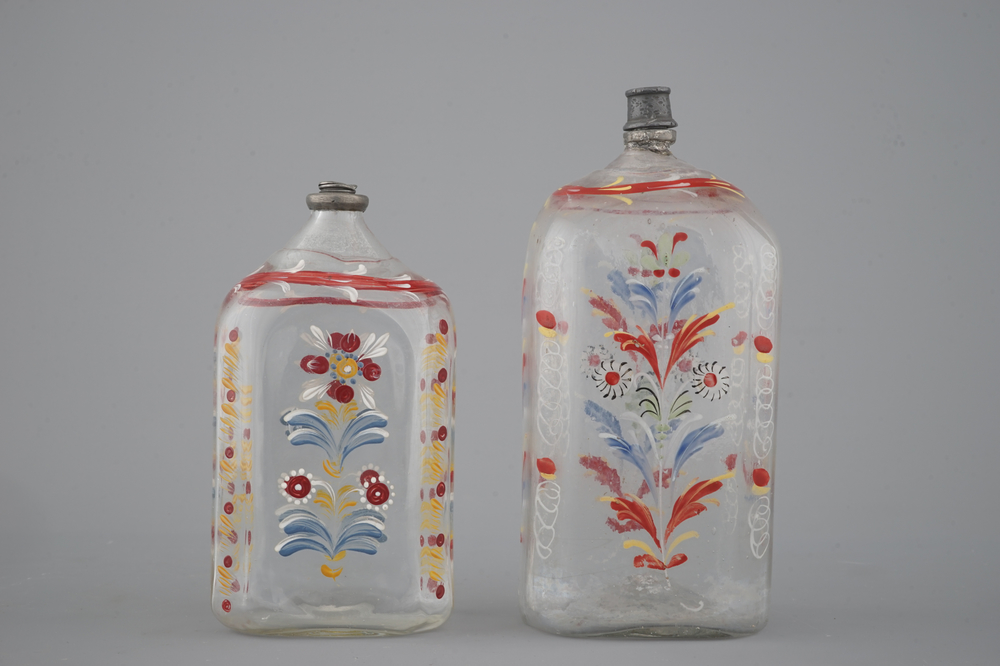 Two German painted glass flasks, 18th C.