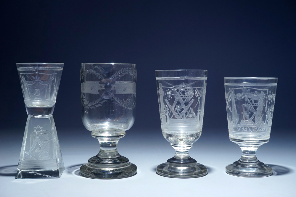 A lot of 4 engraved masonic glasses (freemasonry), 20th C.