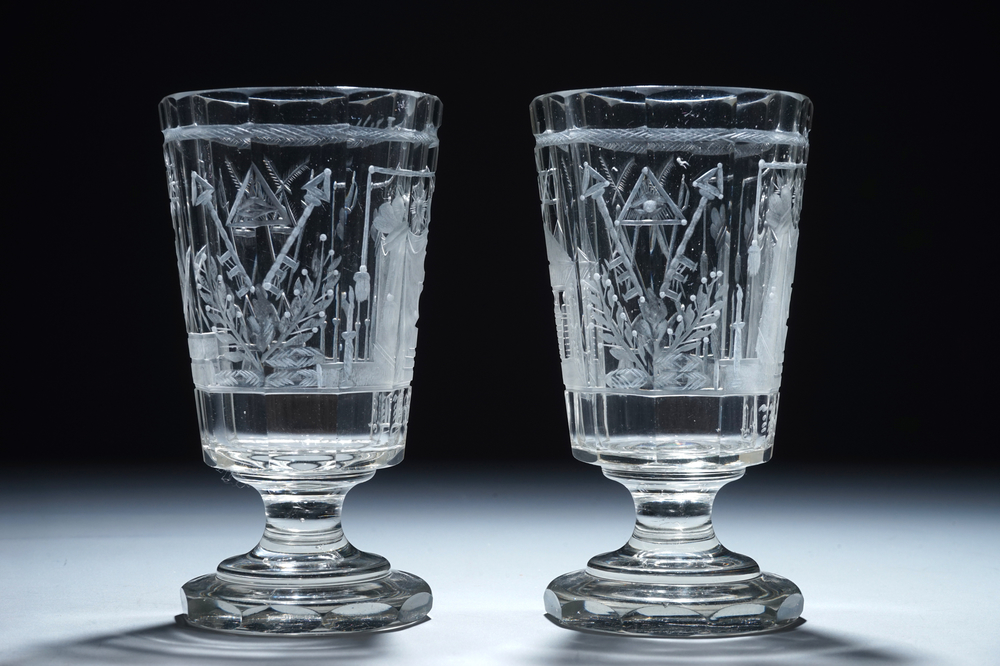 2 engraved masonic subject glasses, freemasonry, 20th C.