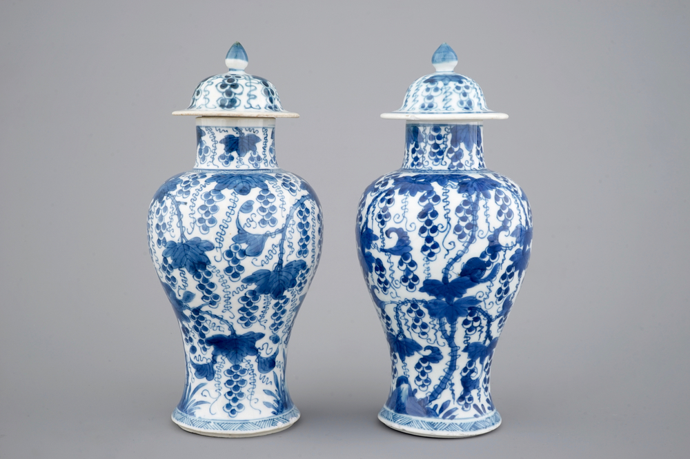 A pair of blue and white vases and covers, Kangxi, ca. 1700