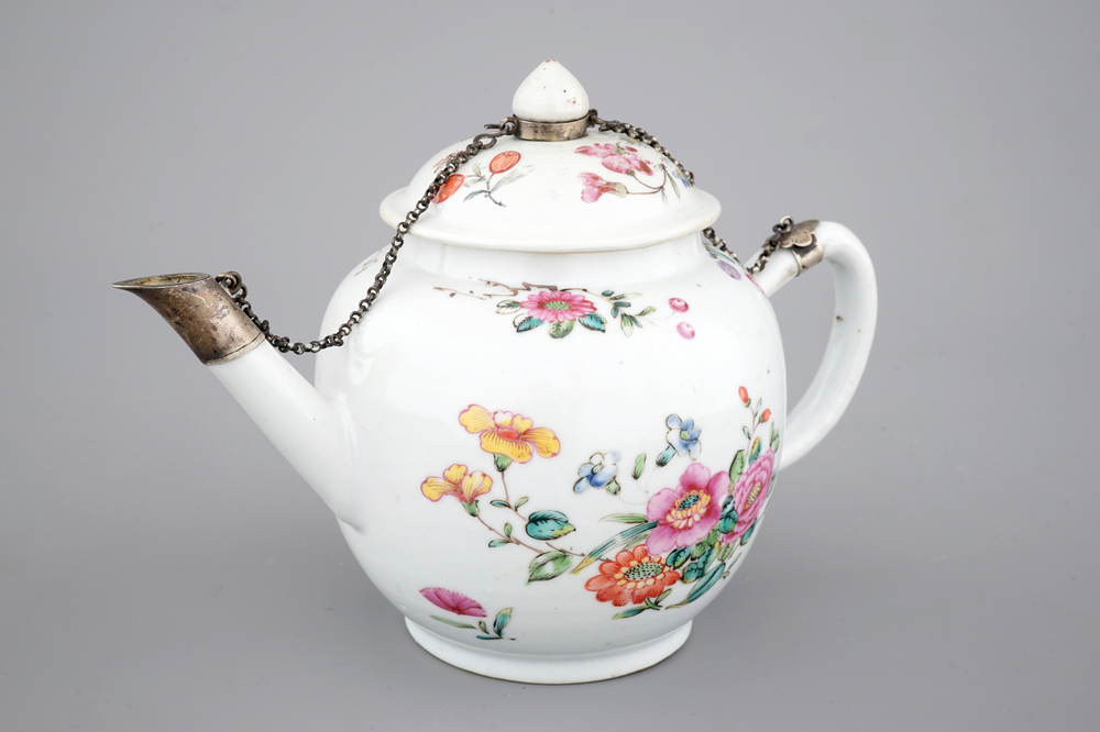 A Chinese famille rose teapot and cover, 18th C.