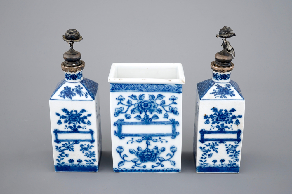 A rare Chinese three-piece silver-mounted apothecary set, Qianlong, 18th C