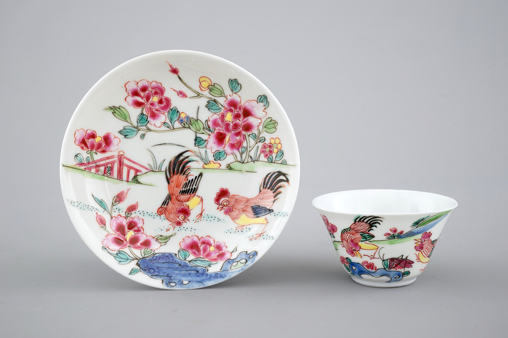 A Chinese famille rose porcelain cup and saucer with cocks, Yongzheng, 1722-1735