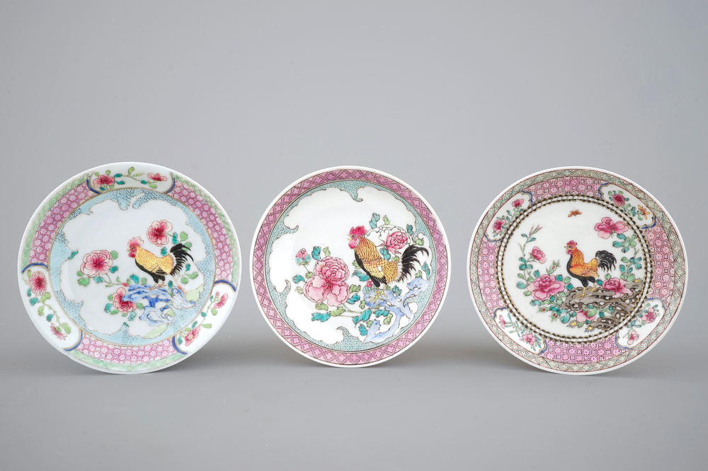 Three Chinese famille rose saucers with cocks, Yongzheng, 1722-1735